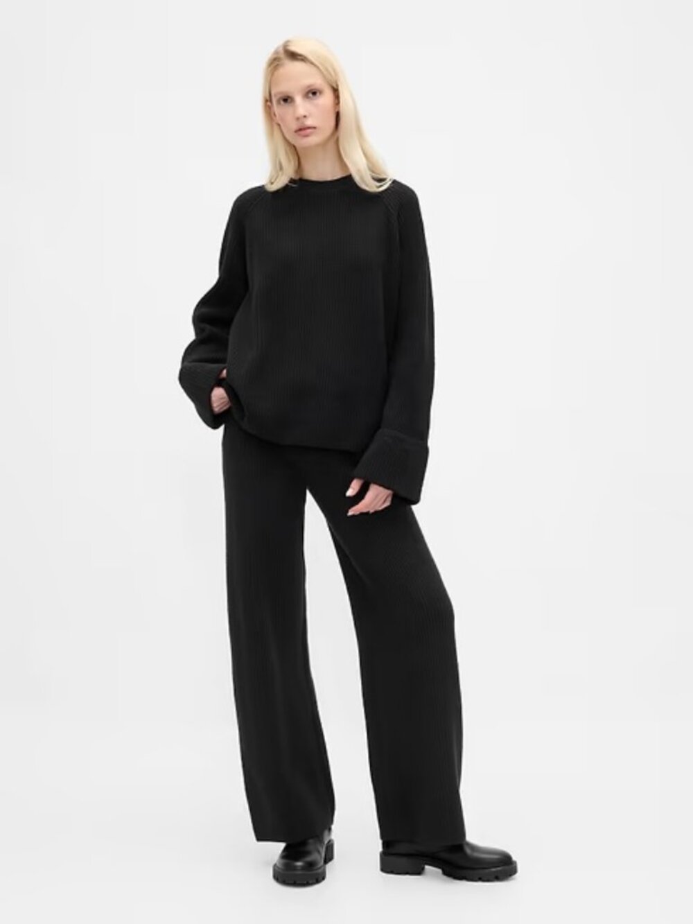 Gap CashSoft Shaker-Stitch Wide-Leg Sweater Pants Black
